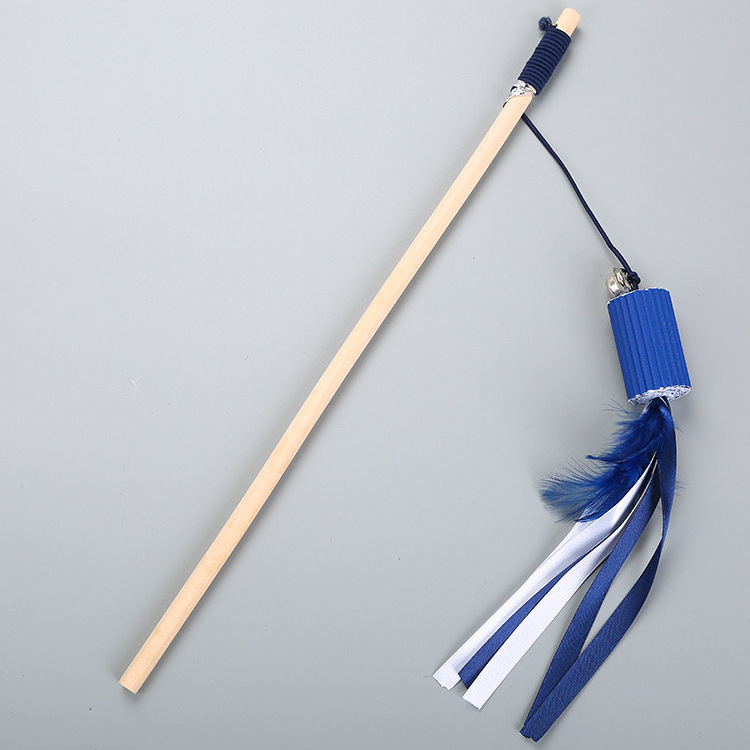 Blue Feather Bell Wooden Rod Teasing Cat Stick Pet Interactive Movement Toys