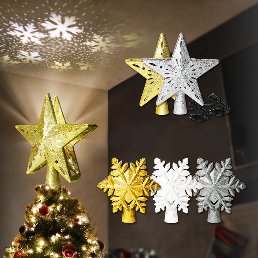 Christmas Tree Topper Led Light Projector Silver Snowflake Rotating 3d Glitter Lighted Sliver Star For Tree Top Decoration