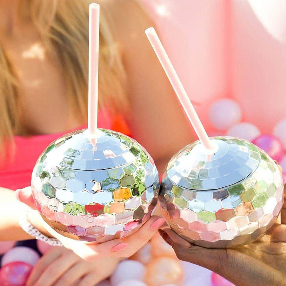 Silver Tumbler Cocktail Wine Cup for Girls Party Decor Soda Cup with LED Lid globe cup Mirror Night Club Bar Flash