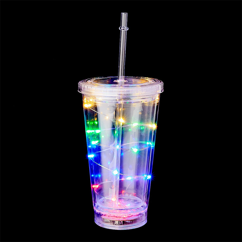 Custom Light up Cups LED Flashing Cups Double Walled LED Glowing Travel Cup With Straw