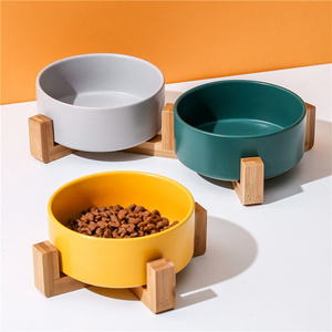 Wholesale Custom Matted Elevated Heavy Ceramic Cat Dog Bowls Set with Wood Stand for Food and Water Pet Food Water Dish Feeder