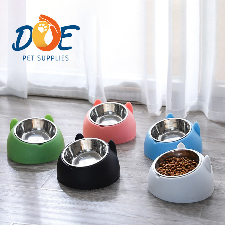 Doe Pet Slant Plastic Base Stainless Steel Cat Dog Bowl Set Cute Custom for Small Animals Protect Cervical Spine Dog Pet Bowl