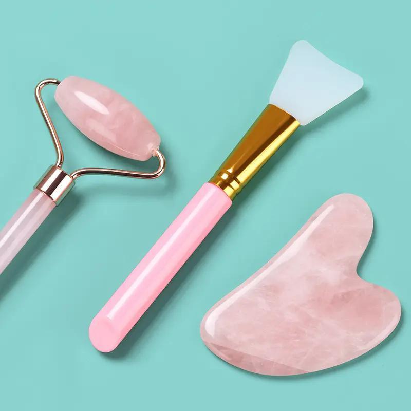 Hot Selling Private Label Quartz Gua Sha Stone Beauty Facial Massage Rose Jade Roller