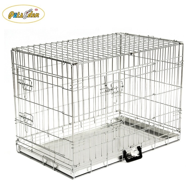 Collapsible Silver Galvanized Metal Dog Crate With Metal Tray