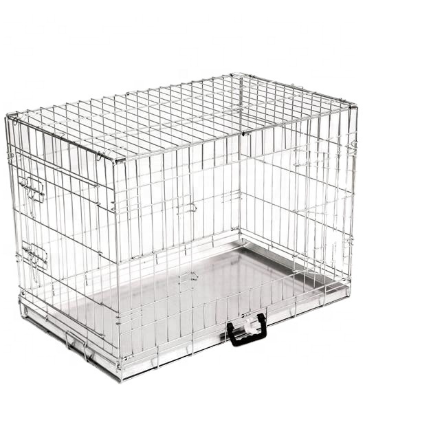 Collapsible Silver Galvanized Metal Dog Crate With Metal Tray