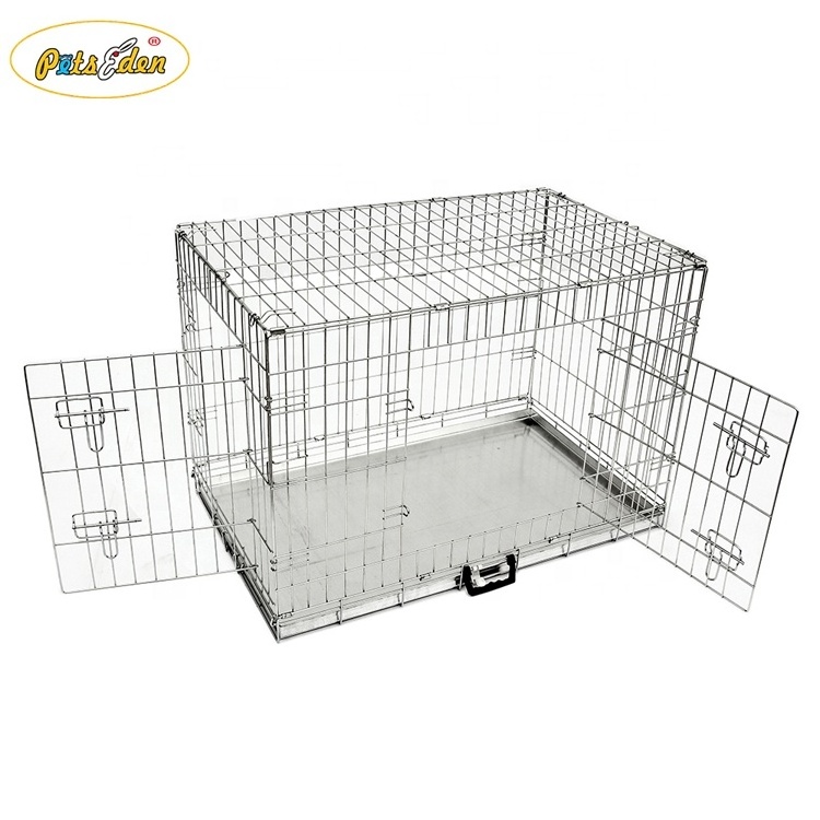 Collapsible Silver Galvanized Metal Dog Crate With Metal Tray