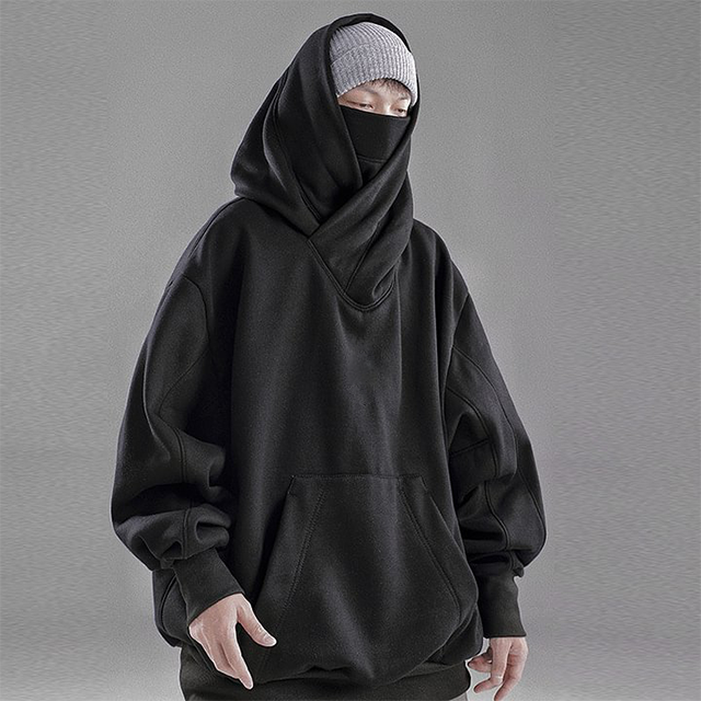 Wholesale Face Cover Masked Hoodie Custom Streetwear Hip Hop 100% Cotton French High Collar Turtleneck Oversize Ninja Hoodies