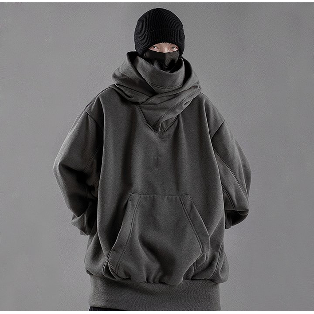 Wholesale Face Cover Masked Hoodie Custom Streetwear Hip Hop 100% Cotton French High Collar Turtleneck Oversize Ninja Hoodies