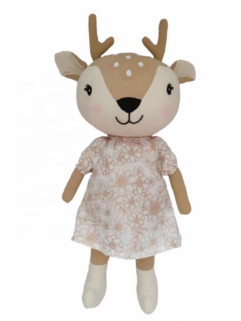 Customized 100% cotton plush deer doll with beautiful dress stuffed animal plush toy for baby rich experience OEM baby toy