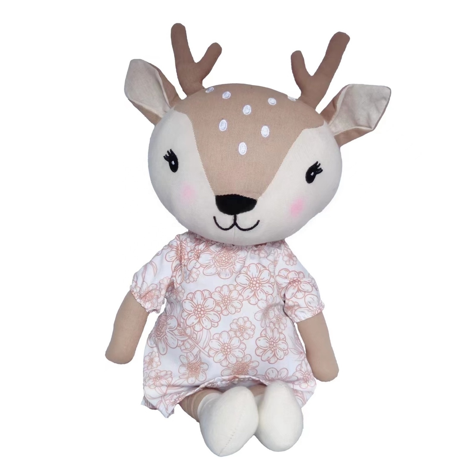 Customized 100% cotton plush deer doll with beautiful dress stuffed animal plush toy for baby rich experience OEM baby toy