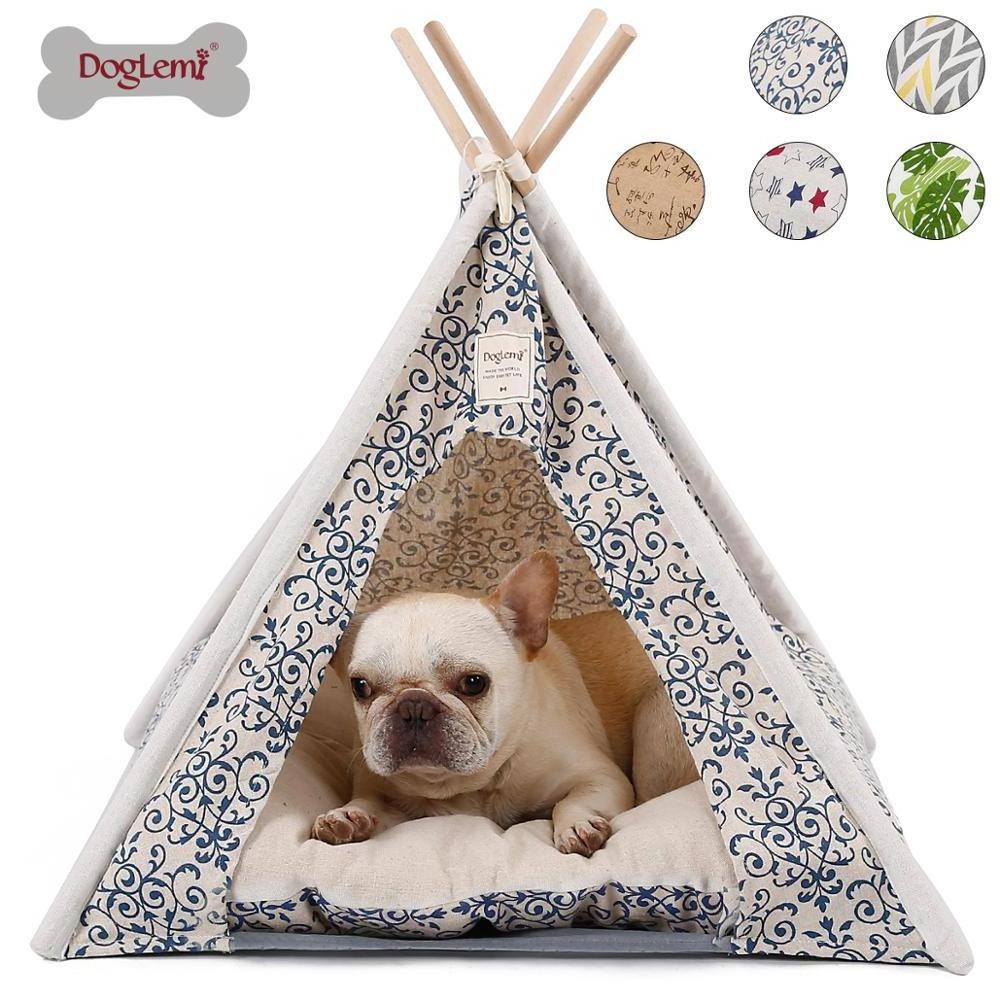 Pet Teepee Tent Foldable Wood Linen Cave Bed Dog Cat Tipi House Indian Tents