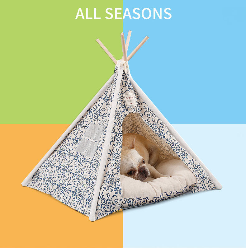 Pet Teepee Tent Foldable Wood Linen Cave Bed Dog Cat Tipi House Indian Tents