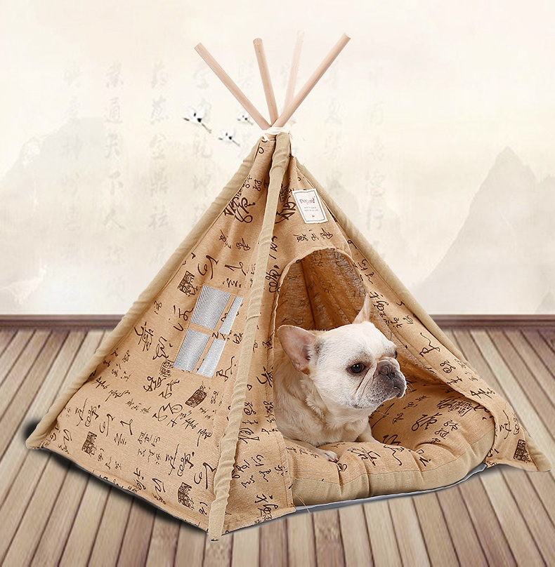 Pet Teepee Tent Foldable Wood Linen Cave Bed Dog Cat Tipi House Indian Tents