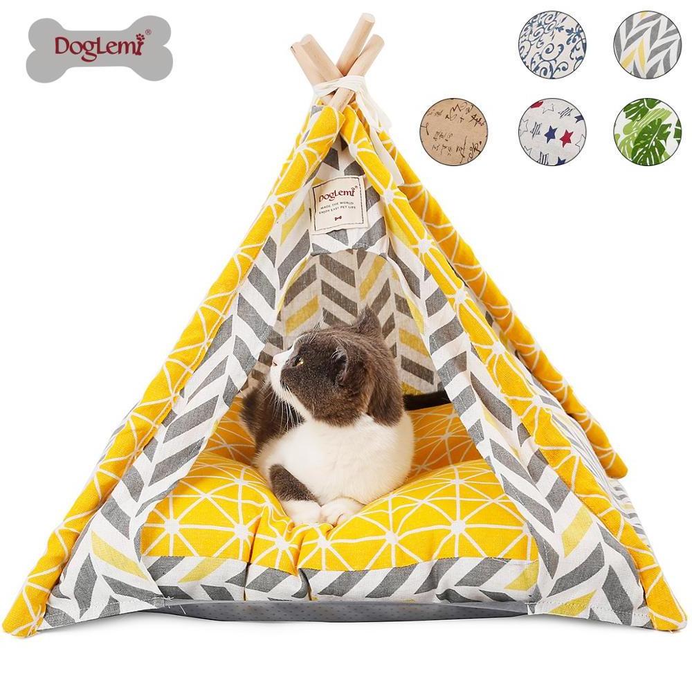 Pet Teepee Tent Foldable Wood Linen Cave Bed Dog Cat Tipi House Indian Tents