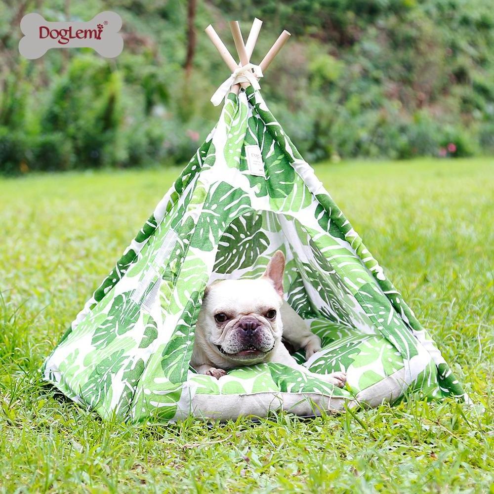 Pet Teepee Tent Foldable Wood Linen Cave Bed Dog Cat Tipi House Indian Tents