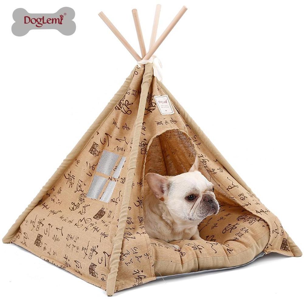 Pet Teepee Tent Foldable Wood Linen Cave Bed Dog Cat Tipi House Indian Tents