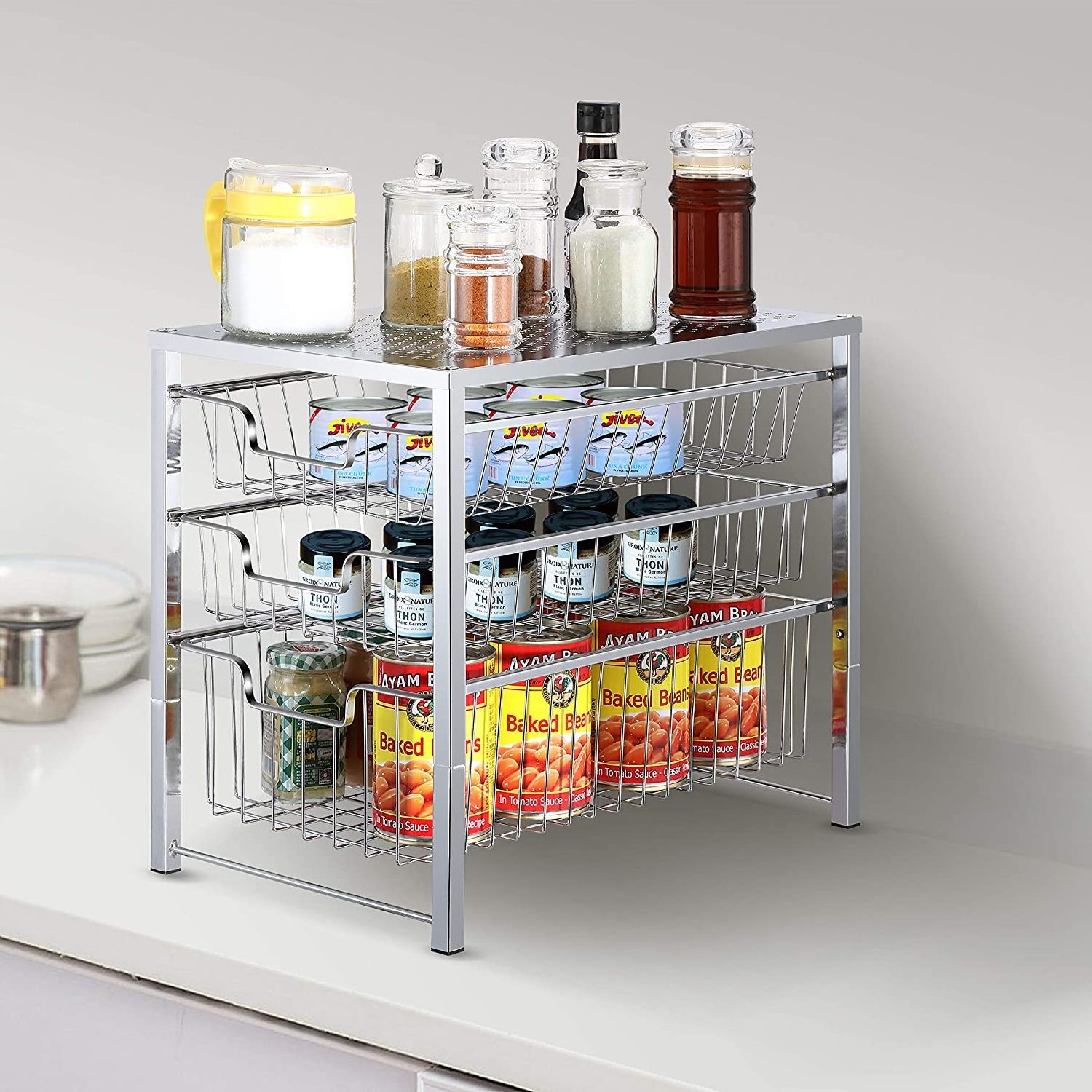 Sliding Wire Basket Stackable Under Sink Cabinet Folding Drawer Basket Pull out Sliding Basket Organizer Drawer