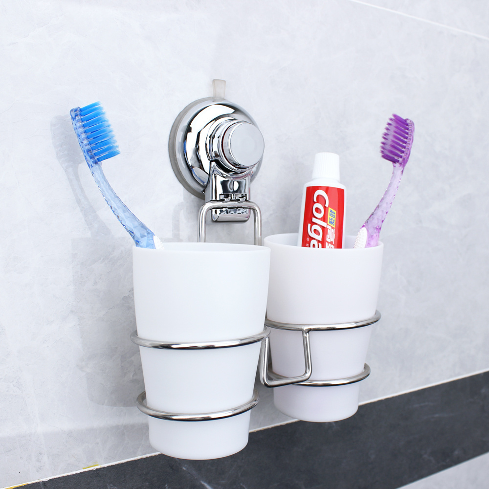 DOGO Bathroom Suction Cup Tooth brush 2 Cup Holder No Drilling Wall Mounted Shower Tumbler Cup Holder