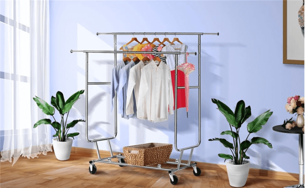 Heavy Duty Double Rod Adjustable Rolling Garment Rack Rolling Garment Rack Collapsible Coat Rack