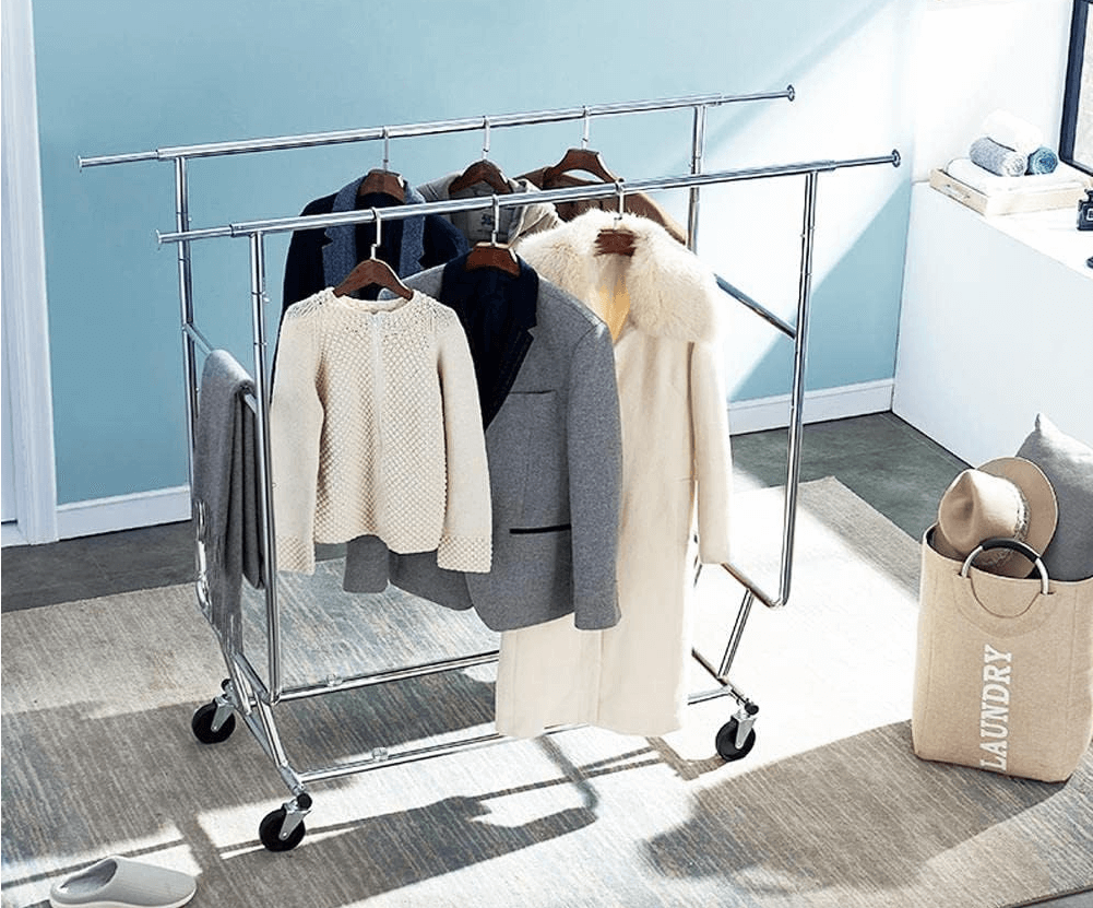 Heavy Duty Double Rod Adjustable Rolling Garment Rack Rolling Garment Rack Collapsible Coat Rack