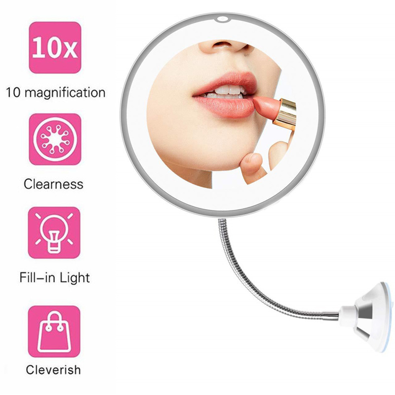 360 Swivel 10x Magnifying Bright LED Lighted Makeup Mirror Adjustable Flexible Bendable Gooseneck Wall Mounted Bathroom Mirror