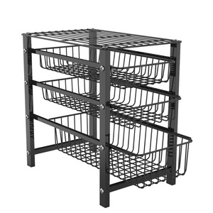 Office Kitchen Bathroom Cabinet Organizer Drawer Matt Black Rack Three Tier Sliding Basket Pull Out Wire Basket