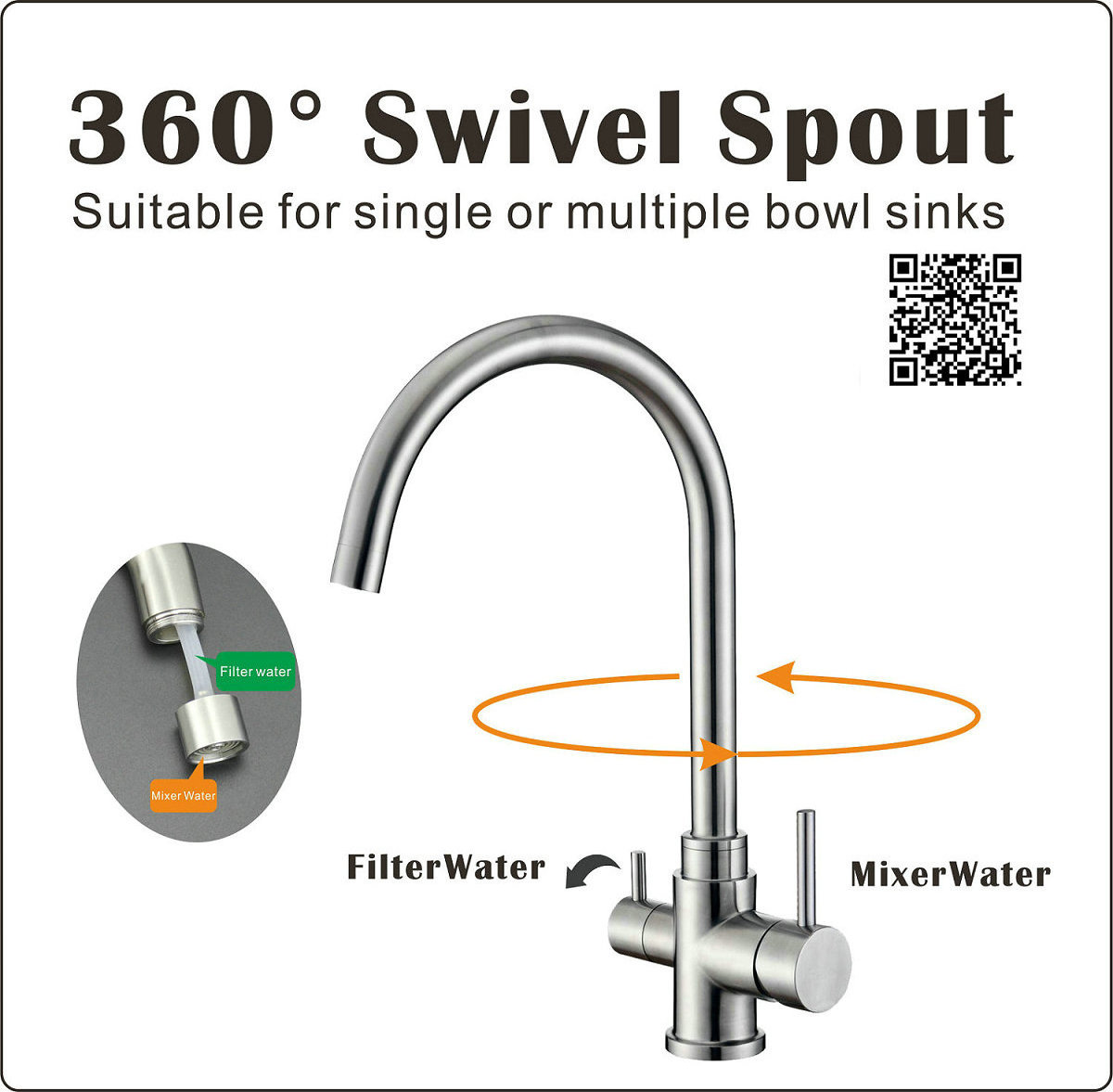 DOGO Matte black 3 way kitchen sink faucets with pure water flow filter taps