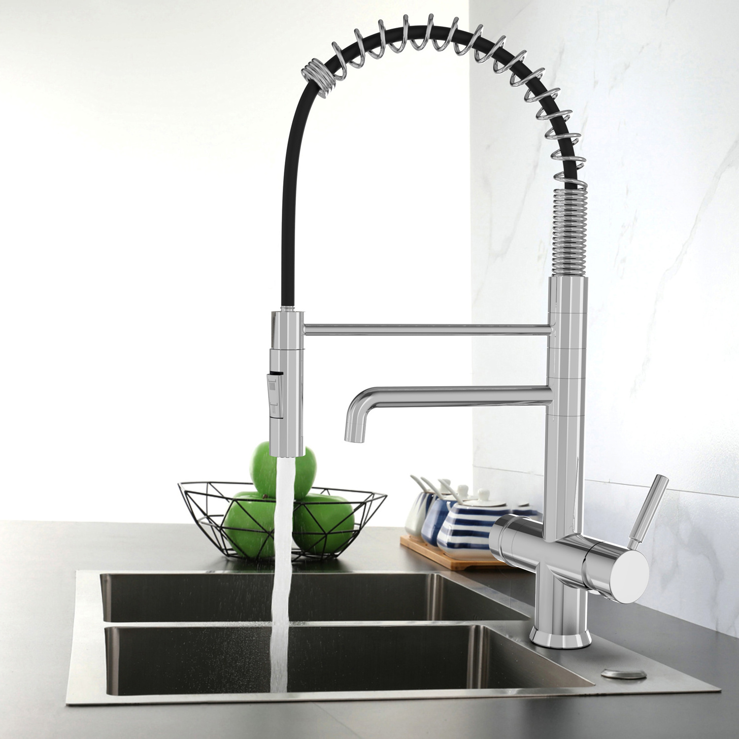 DOGO New Commercial Tri Flow Kitchen Faucet with Spring Hose Sink Mixer Professional 3 Way Water Filter Tap