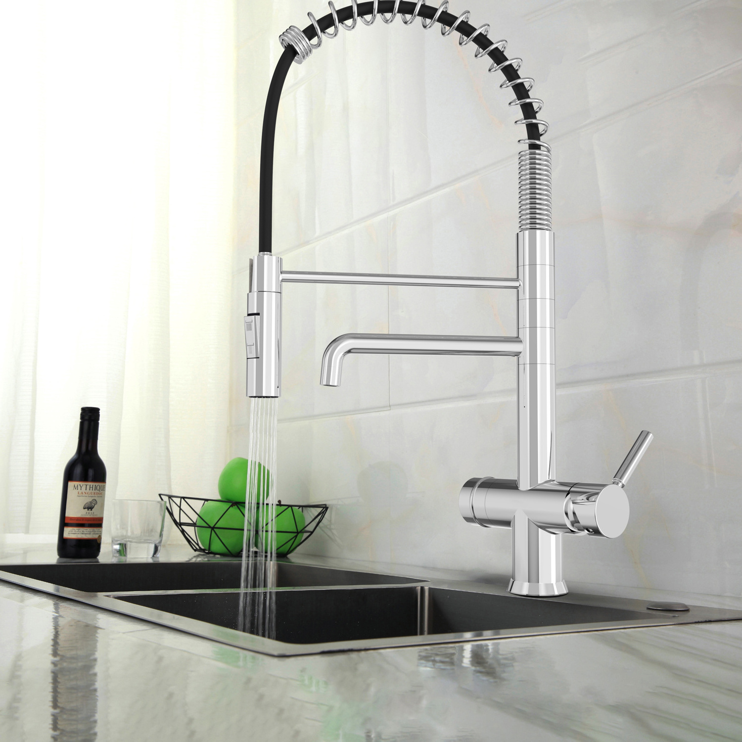 DOGO New Commercial Tri Flow Kitchen Faucet with Spring Hose Sink Mixer Professional 3 Way Water Filter Tap