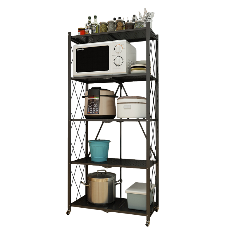 Kitchen Storage Rack with Wheels Unit Metal 5-tier Wire Shelving Bathroom Storage 5 Shelves Carton Iron Foldable Home Appliance