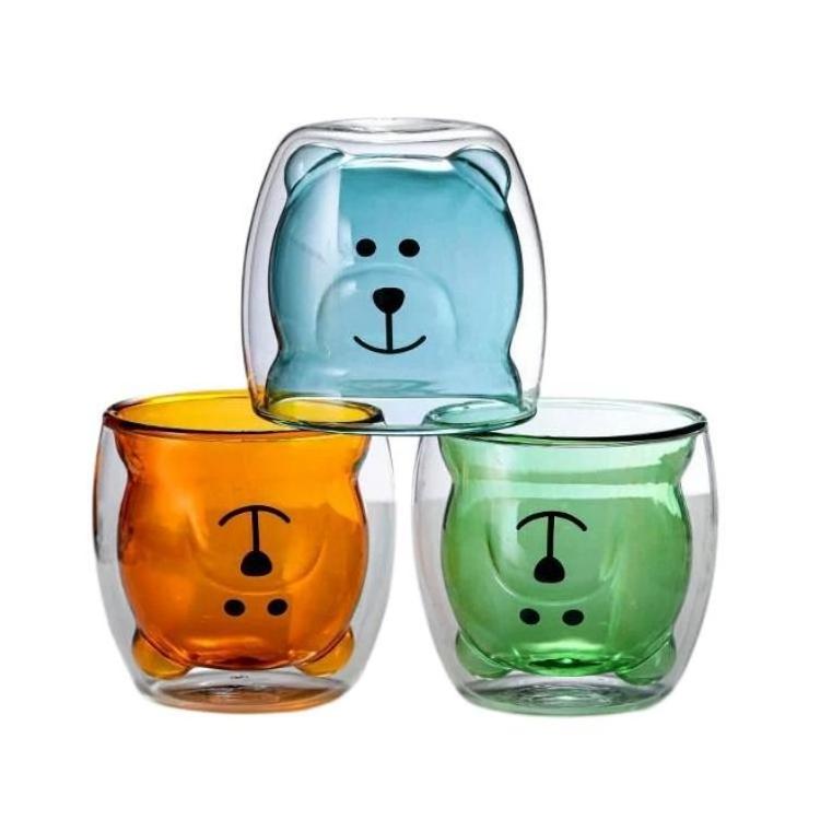 Double Wall Cartoon Glass Milk Breakfast Water Bear Coffee Cup Colorful Cute Glass Cup