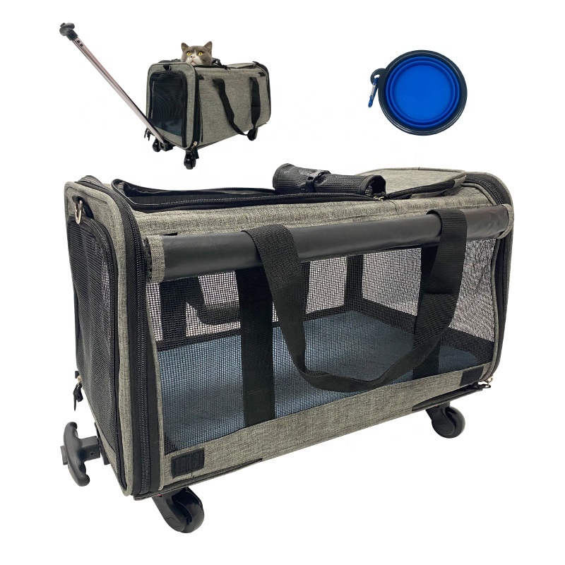 Airline approved rolling pet travel carrier with wheels breathable cat bag dog trolly pet carrier