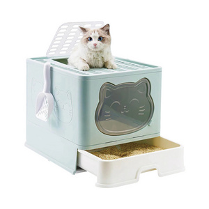 enclosed foldable cat litter box with drawer portable travel  cat toilet tray