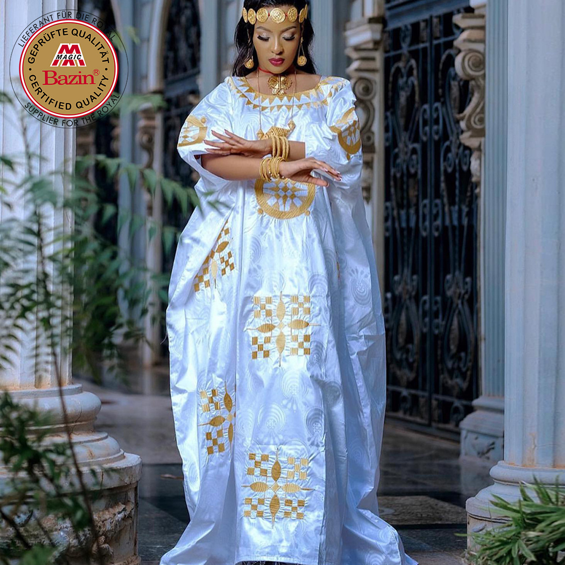 Gold And White Senegal Basin Boubou African Women Dashiki Bazin Dress Customize Dress For Nigeria Women Wedding Party Bride Gown