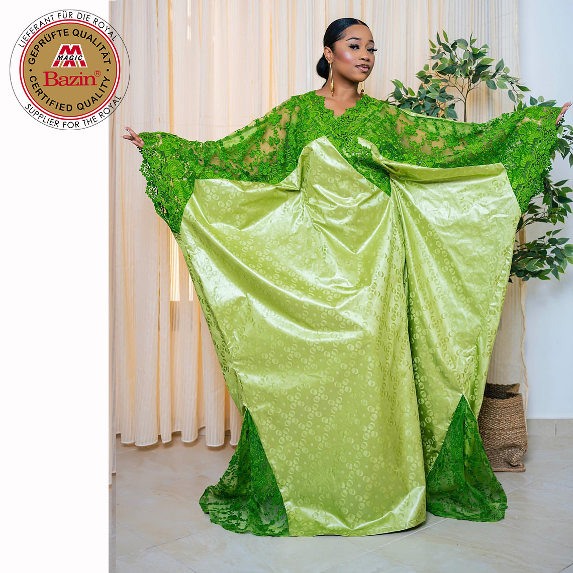 African Customize Bazin Dresses With Embroidery Net Lace Nigerian Mali Original Green Basin Dashiki Gown Bride Wedding Clothing