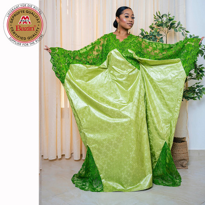 African Customize Bazin Dresses With Embroidery Net Lace Nigerian Mali Original Green Basin Dashiki Gown Bride Wedding Clothing