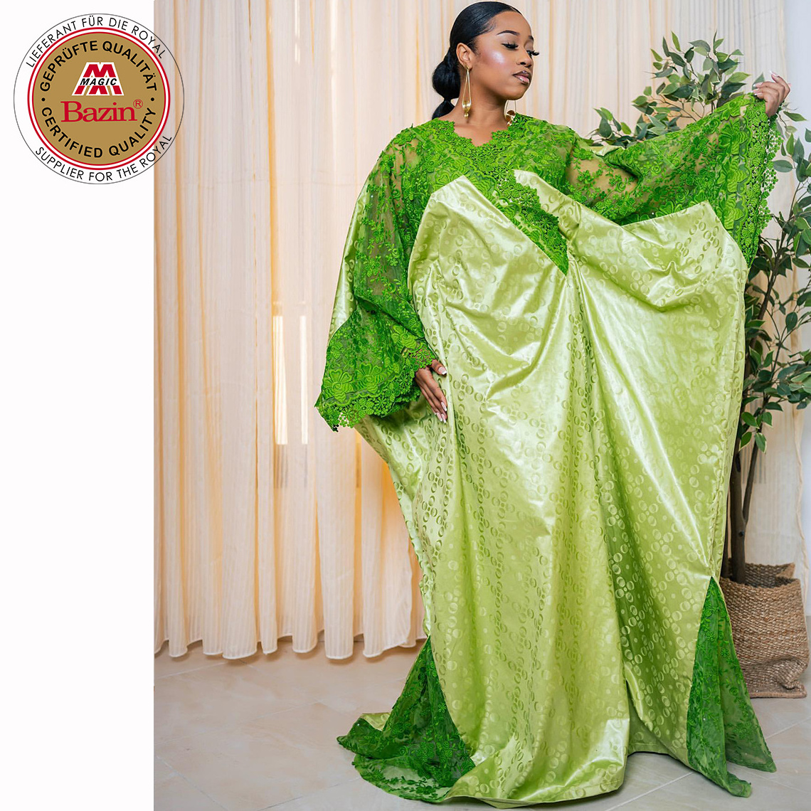 African Customize Bazin Dresses With Embroidery Net Lace Nigerian Mali Original Green Basin Dashiki Gown Bride Wedding Clothing