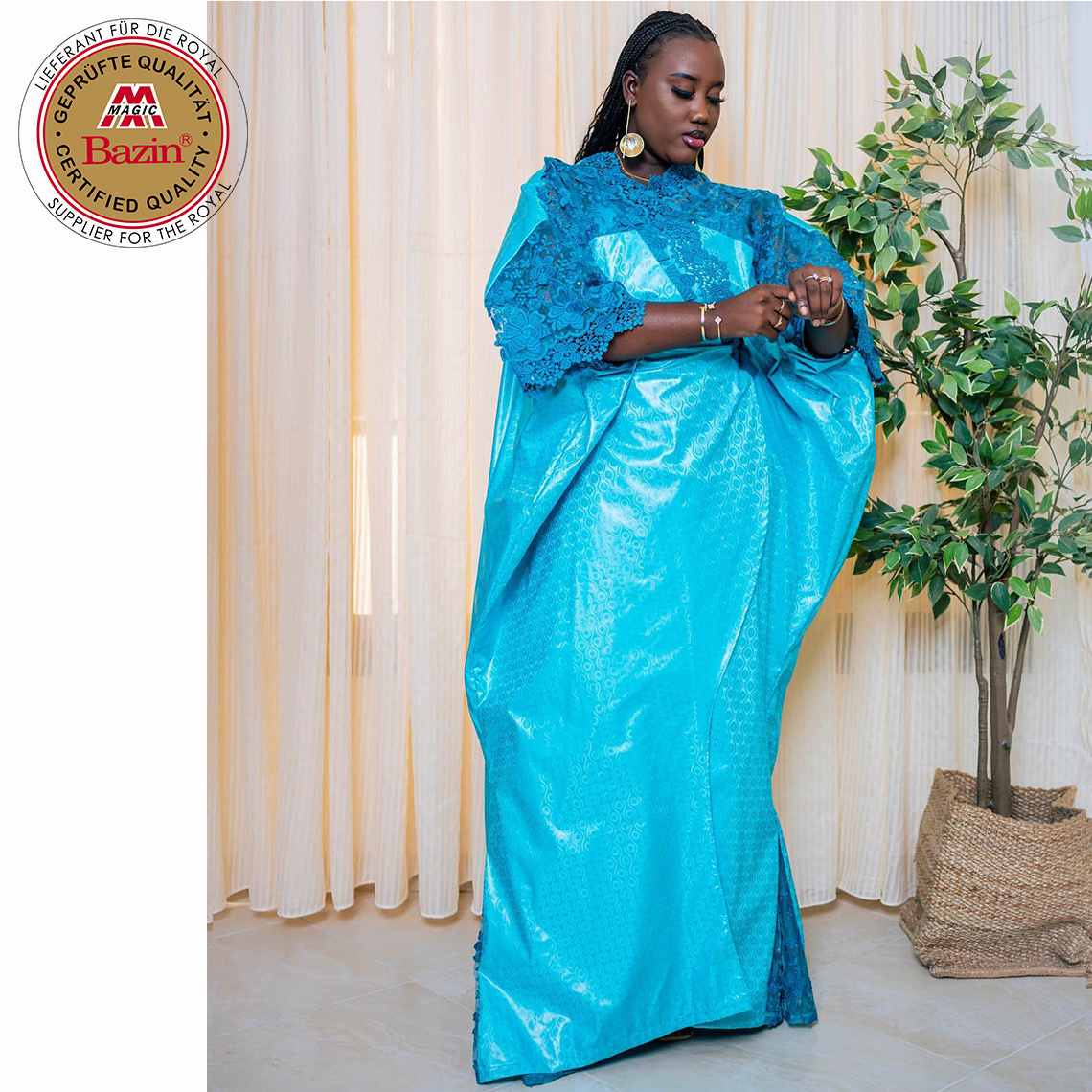 African Customize Bazin Dresses With Embroidery Net Lace Nigerian Mali Original Green Basin Dashiki Gown Bride Wedding Clothing