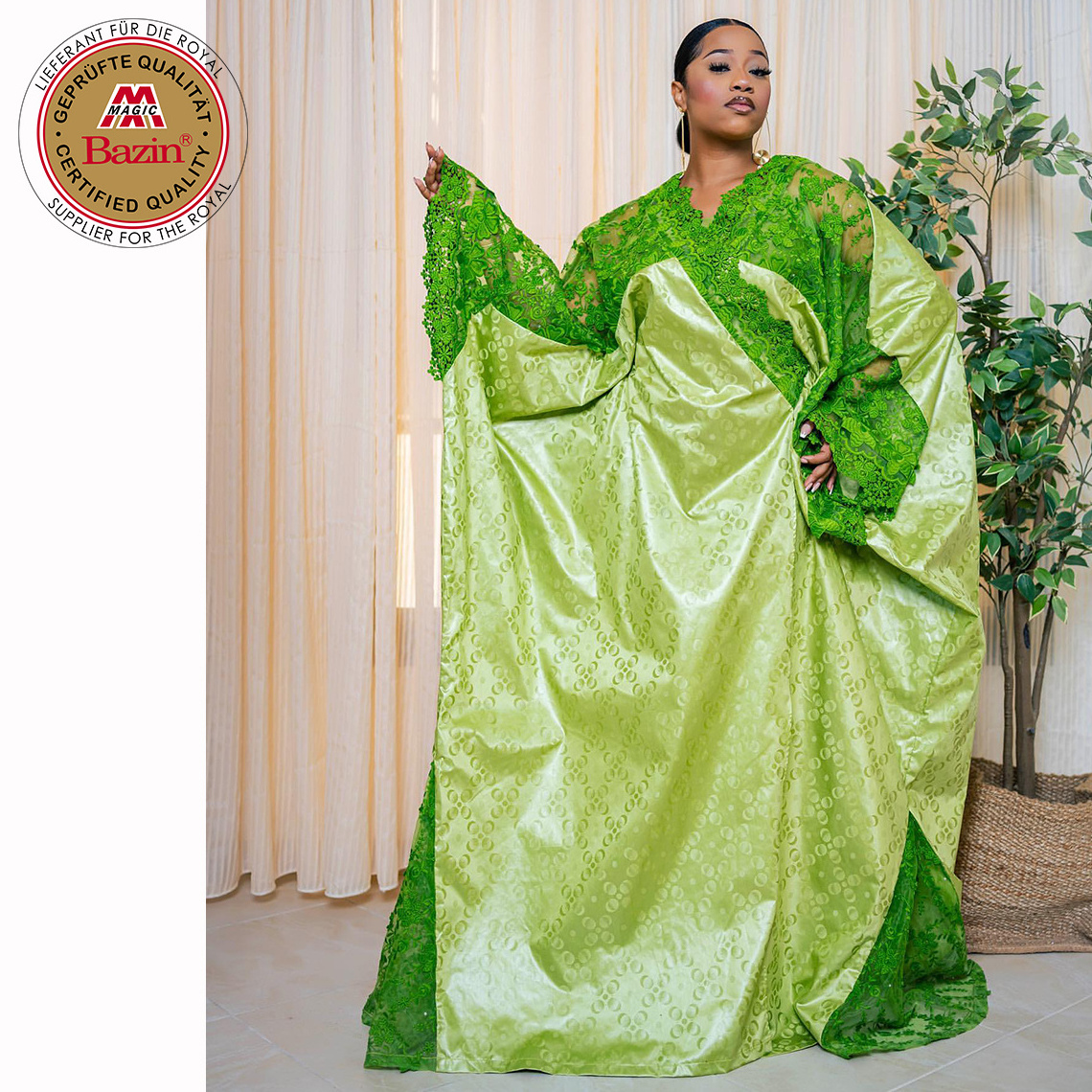 African Customize Bazin Dresses With Embroidery Net Lace Nigerian Mali Original Green Basin Dashiki Gown Bride Wedding Clothing