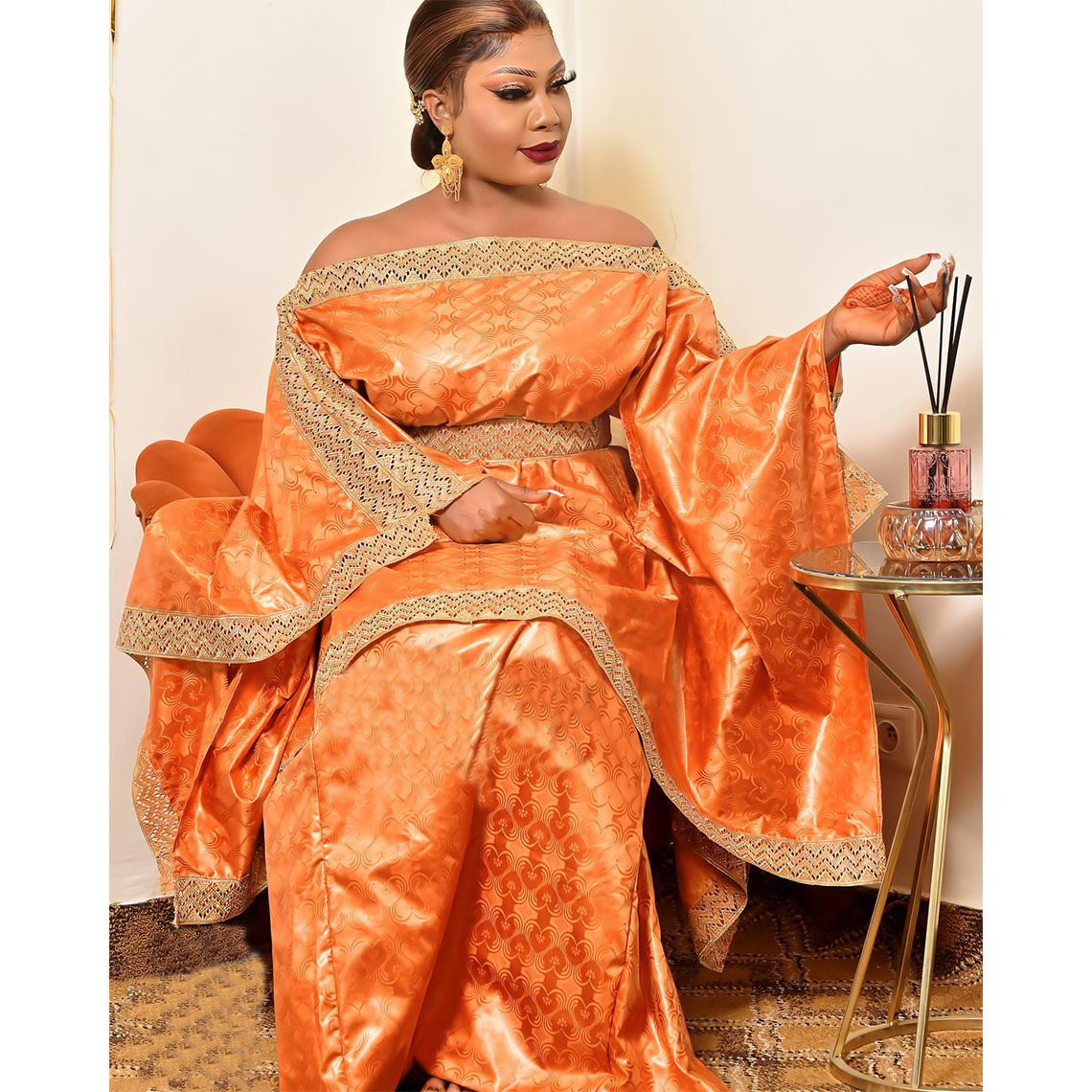 Orange Loose Style Original Bazin Riche Long Dresses For Ankara Nigeria Women Party Daily Clothing Party Dashiki Robe