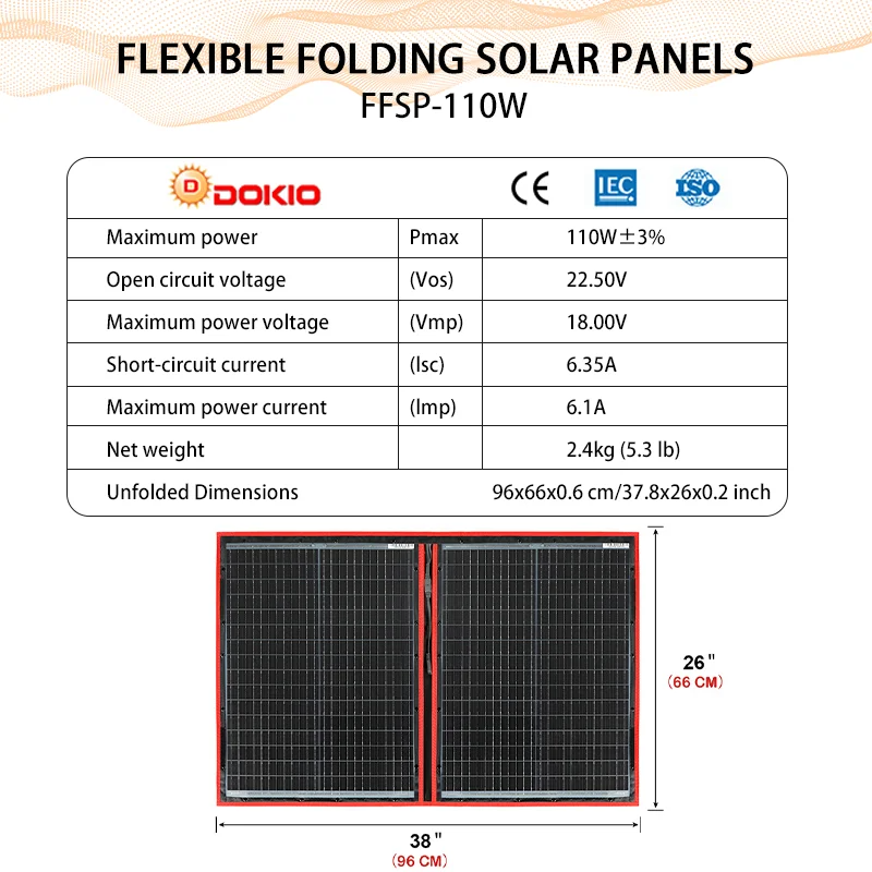 Dokio 100W (55Wx2Pcs) 18V Flexible Black Solar Panels Blanket  Foldable 12 Volt Controller 100 Watt Panels Solar