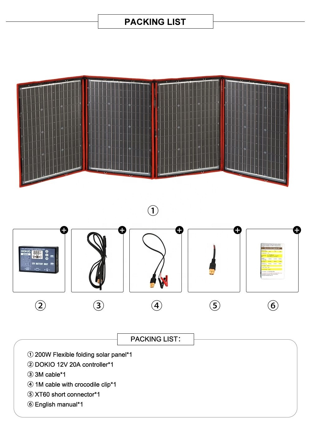 Dokio Black Solar Panels 200W (50Wx4pc) 18V New portable flexible solar panels  fabric  200w for Camping/Boat/RV/Travel/Home/Car