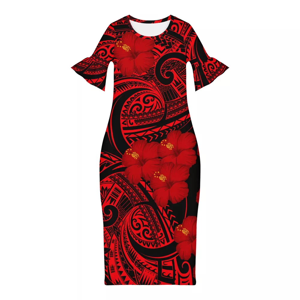 Wholesale Price Polynesian Tribal Design fashion green Ruffle sleeve dress Customized on demand Retro Style women clothing