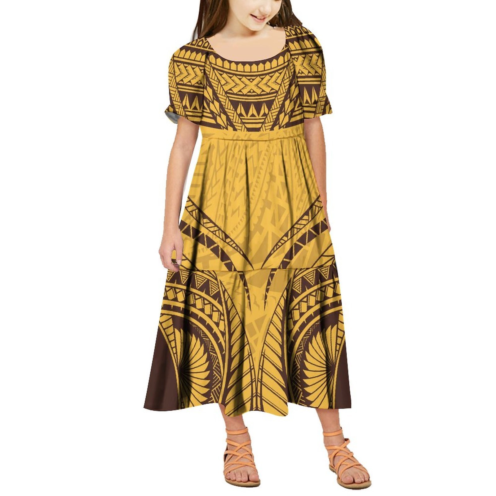 New Factory Wholesale Customize Ruffle Puff Sleeve Toddler Girls Dresses Polynesian Samoa Tribal Print Long Party Dress For Kids