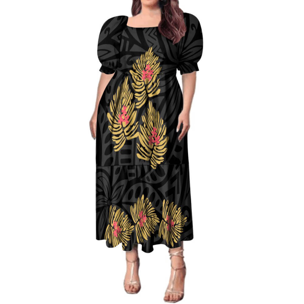 Hot Selling Summer Women's Clothing Palaka Puffy Dress Tapa Pattern Polynesian Dress Women Sweet Puff Sleeve Tiered Midi Dresses