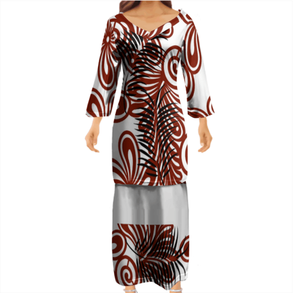 Pacific Island Art Clothing V Neck 3/4 Sleeves Tongan Puletasi Dresses Ptaha Polynesian Maxi Dress Women Two Piece Skirt Suits