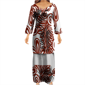 Pacific Island Art Clothing V Neck 3/4 Sleeves Tongan Puletasi Dresses Ptaha Polynesian Maxi Dress Women Two Piece Skirt Suits