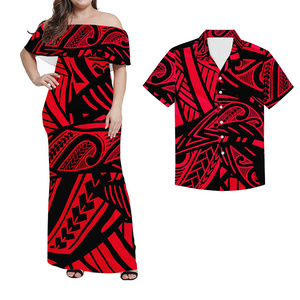 Polynesian tribal design stretched material Ruffle off dresses and men shirt Red and black print Puletasi Custom plus size gowns