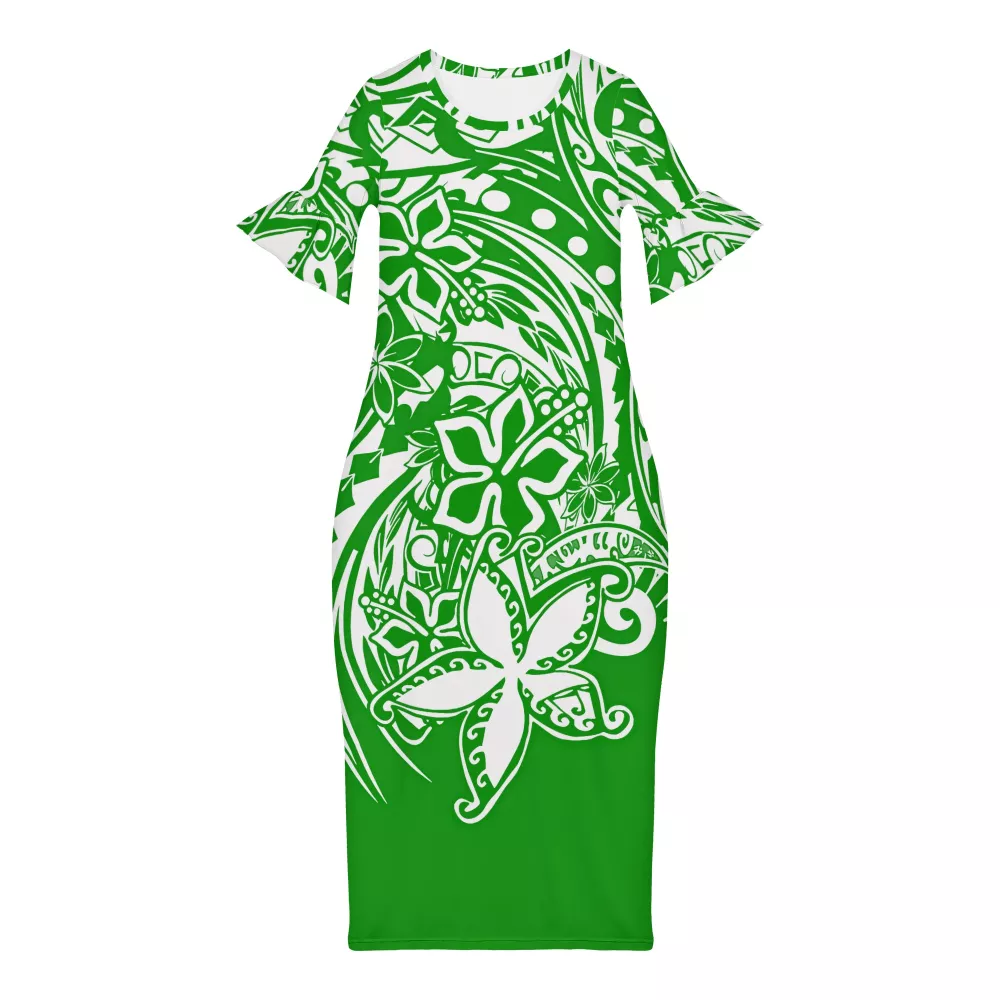 Wholesale Price Polynesian Tribal Design fashion green Ruffle sleeve dress Customized on demand Retro Style women clothing