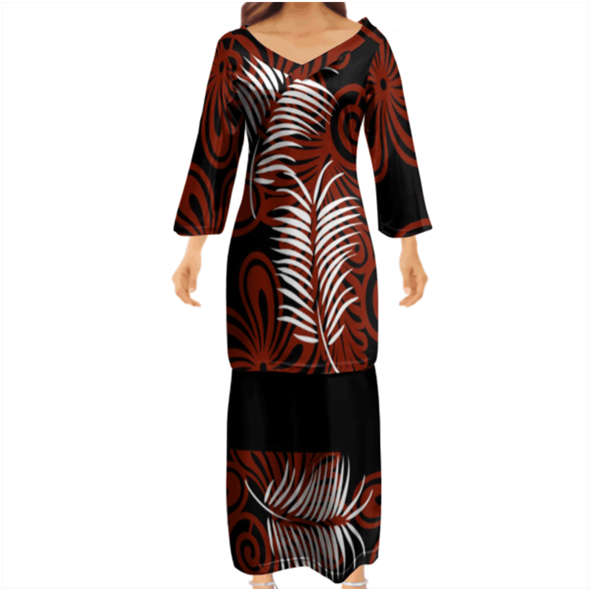 Pacific Island Art Clothing V Neck 3/4 Sleeves Tongan Puletasi Dresses Ptaha Polynesian Maxi Dress Women Two Piece Skirt Suits